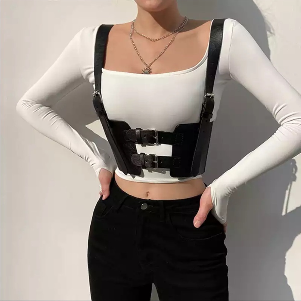 Sleek Black Leather Harness Belt